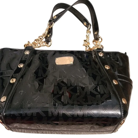 MICHAEL KORS NWT Delancy Signature Black Patent Leather Shoulder Tote Medium - Picture 15 of 16